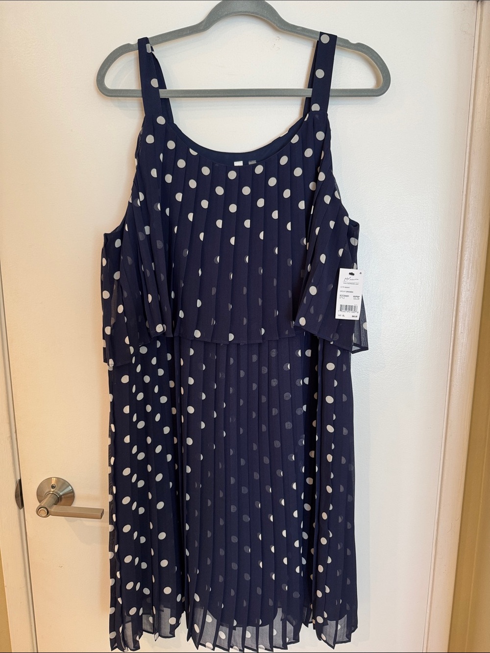 NY Collection Navy Blue Polka Dot Pleated Cold-Shoulder Dress